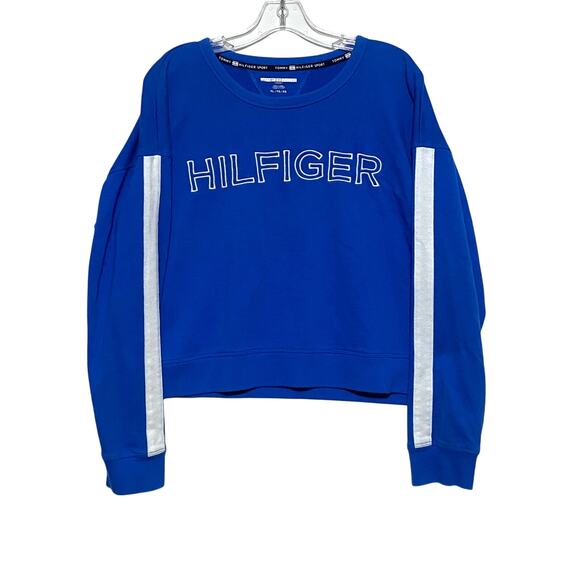 Tommy Hilfiger Sweaters - Tommy Hilfiger Sport Spell Out Cropped Blue White Sweatshirt Pullover Womens XL